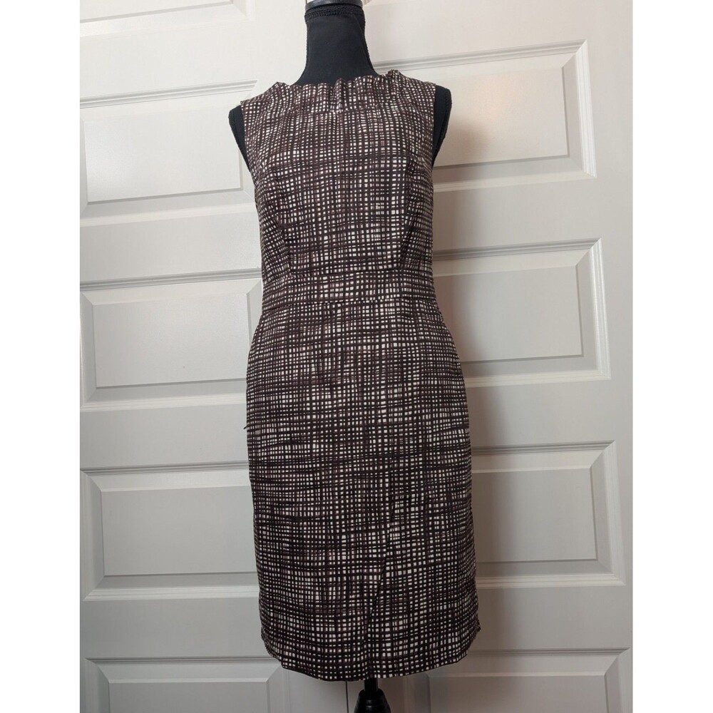 The Limited Size 6 Brown Cream Grid Print Sheath Dress Pockets Sleeveless Work